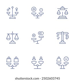 Conjunto de iconos de equilibrio. Estilo de línea delgada, trazo editable. equilibrio de riesgos y recompensas, oportunidades de inversión, rendimientos financieros, gestión de riesgos, equilibrio de Cartera.