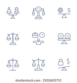 Balance-Symbole eingestellt. Stil der dünnen Linie, bearbeitbarer Strich. Ausgewogenheit in der Natur, Stabilität der Ökosysteme, Umweltschutz, Biodiversität, nachhaltige Praktiken.