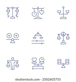 Conjunto de iconos de equilibrio. Estilo de línea delgada, movimiento editable. ejercicios de equilibrio, posturas de yoga, equilibrio, terapia física, corrección de postura.