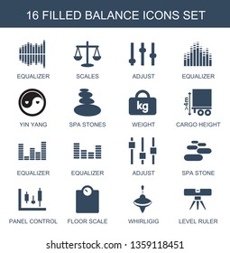 balance icons. Trendy 16 balance icons. Contain icons such as equalizer, scales, adjust, yin yang, spa stones, weight, cargo height, spa stone. balance icon for web and mobile.