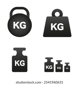 Equilibrio. Mancuernas de hierro. Símbolos de kilogramo. Ilustración vectorial