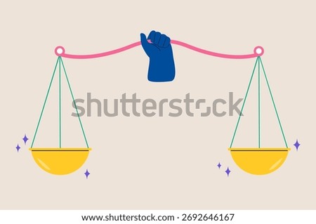 Balance and justice concept. Hand lifting justice balance. Colorful vector illustration
