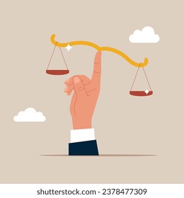 Balance and justice for leadership. Businessman lift balance ethical scale.  Flat vector illustration