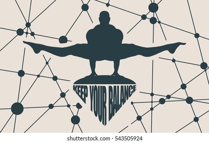 Balance keeping. Bodybuilder silhouette posing. Keep your balance text. Molecule And Communication Background. Vector brochure or report design template. Connected lines with dots.