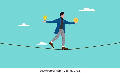 balance of knowledge and money illustration with the concept of a businessman who balances his body using money and knowledge to overcome rope obstacles, knowledge is money concept illustration