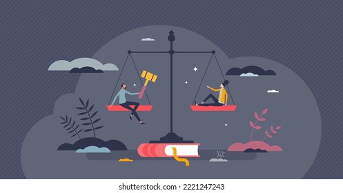 Balance of the law and freedom for ethical legal system tiny person concept. Court scale as dignity, liberty, equality and inalienable rights symbol vector illustration. Honesty judgment or protection