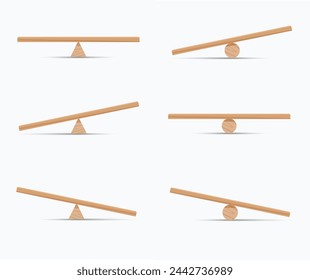 Balance life concept. Balancing wooden plank isolated on white background. Balanced or unbalanced scales. Equilibrium. Vector illustration