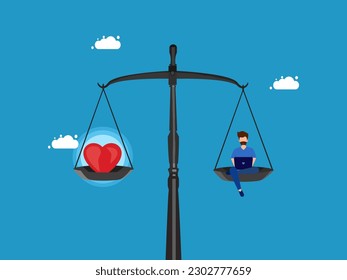Balance life and work. man working on laptop and heart