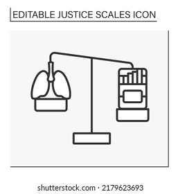  Balance line icon. Antique balance scales with healthy lungs and cigarettes. Choice between healthy lifestyle and bad habits. Justice scales concept. Isolated vector illustration. Editable stroke