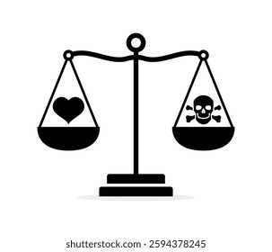 Balance of love and danger: heart and skull on scales. Vector icon