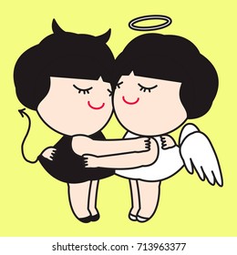 The Balance Loving Between Being A Good Angel Girl And A Bad Devil Girl Hugging Eachother Concept Card Character illustration