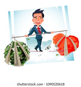 balance man with money and heart. time to choose for "Money" or "Do what you love" - vector illustration