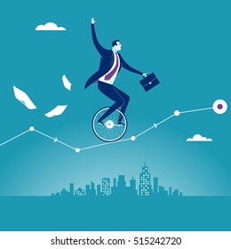 Balance. Manager balancing on unicycle trying to drive through business chart. Concept business vector illustration