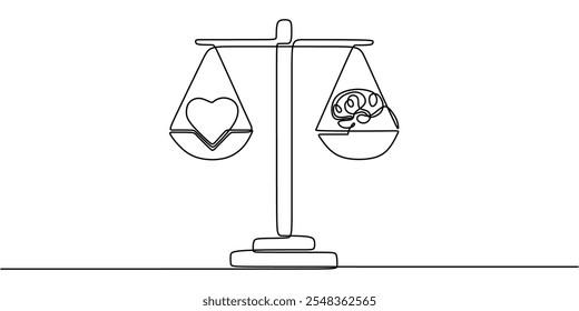 A balance of mind and heart, with brain and heart images on either side of a scale, illustrated in continuous one line style. Psychology concept.