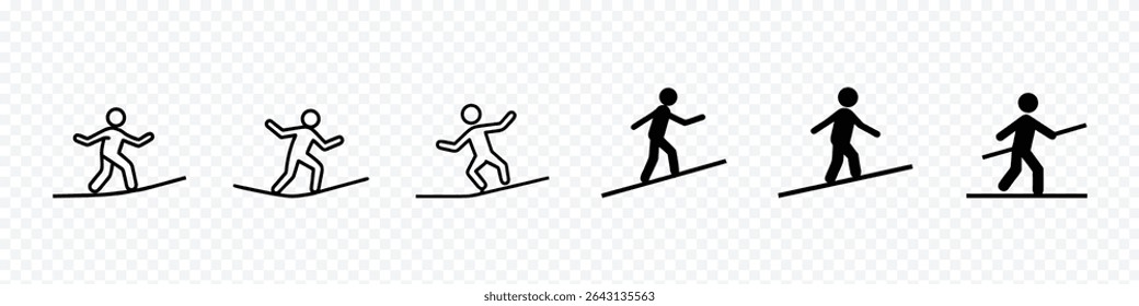 Equilíbrio e Movimento Conjunto de ícones - Homem andando ou deslizando para baixo, de pessoa andando uma corda bamba simbolizando equilíbrio, precisão, desafio, gestão de risco, foco, estabilidade, perigo, decisão