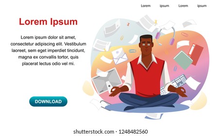 Balance in Multitask Work, Stress Relief in Study Cartoon Vector Web Banner with African-American Businessman or Student Sitting in Lotus Pose, Meditating Surrounded Office Supplies Flying Around