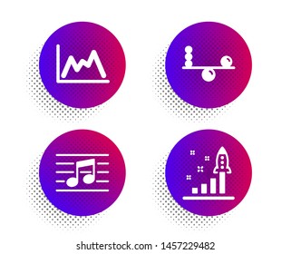 Balance, Musical note and Diagram icons simple set. Halftone dots button. Development plan sign. Concentration, Music, Growth graph. Strategy. Education set. Classic flat balance icon. Vector