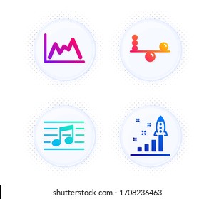 Balance, Musical note and Diagram icons simple set. Button with halftone dots. Development plan sign. Concentration, Music, Growth graph. Strategy. Education set. Gradient flat balance icon. Vector