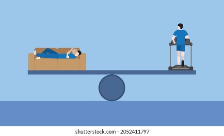 A balance on a seesaw of body and mind concepts. Physical strength is the exercise of running on a treadmill with the other side a man lie on a sofa and use a smartphone to relax and relieve stress.