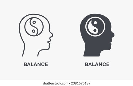 Balance, Peace, Wellness, Harmony Pictogram. Yin Yang Sign in Human Head Silhouette and Line Icon Set. Meditation for Mental Balance Symbol Collection. Isolated Vector Illustration.