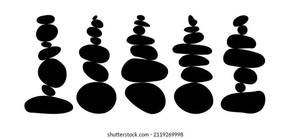 Balance pebble stone black silhouette vector illustration. 
Wellness harmony logo. Black and white minimalist abstract art set. Simplicity calm and zen of cairn rock shape. Simple poise tower