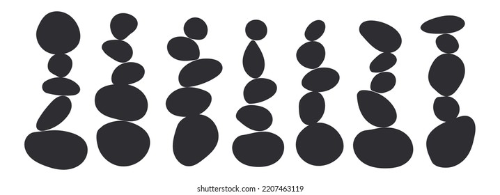 Balance pebble stone black silhouette vector illustration. Wellness harmony logo. Black and white minimalist abstract art set. Simplicity calm and zen of cairn rock shape. Simple poise tower