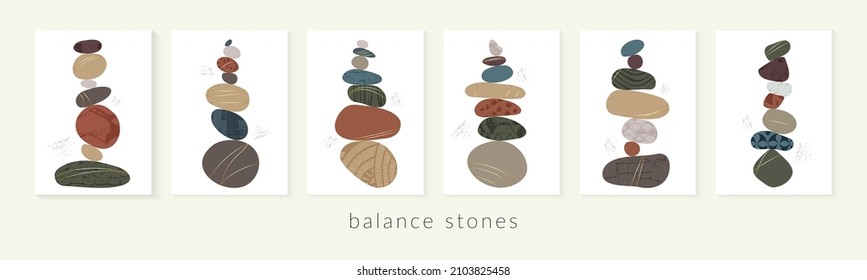 Balance pebble stone harmony vector Illustration. Simplicity calm and zen of cairn rock shape. Modern abstract wall decor, poster set, wellness background. Spa balance harmony therapy zen wallpaper