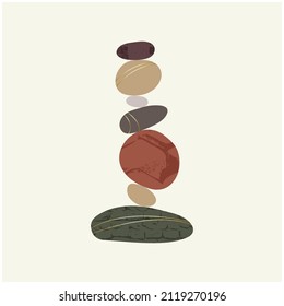 Balance pebble stone harmony vector Illustration. Simplicity calm and zen of cairn rock shape. Simple poise tower. Circle color stones with gold grunge texture. Balance concept.  Poster, card, print