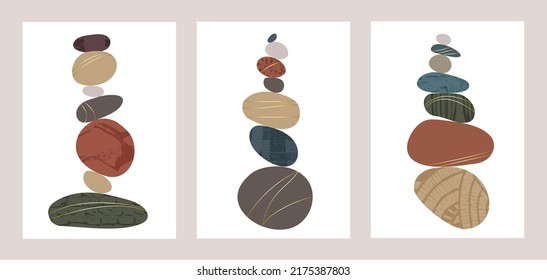 Balance pebble stone harmony vector Illustration. Simplicity calm and zen of cairn rock shape. Modern abstract wall decor, poster set, wellness background. Spa balance harmony therapy zen wallpaper