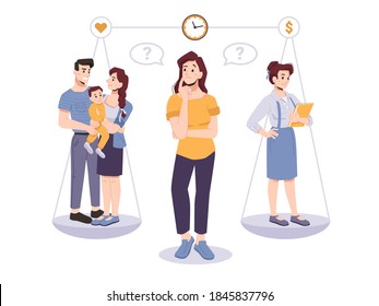 Balance people, woman chooses between work and family, time on weights. Vector happy mother, father and baby on one scale, business woman on other hand. Career and motherhood, life choice