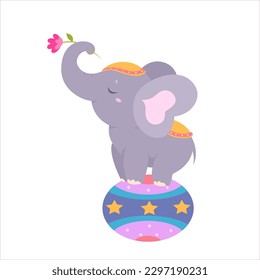 Rendimiento de balance de la ilustración vectorial del elefante de circo. Caricatura aislada graciosa bebé acróbata que lleva a cabo un espectáculo de carnaval y se pone de pie en la bola, linda artista feliz sosteniendo la flor en el baúl