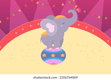 Balance performance of circus elephant vector illustration. Cartoon isolated funny baby animal acrobat performing carnival show and standing on ball, cute happy performer holding flower in trunk