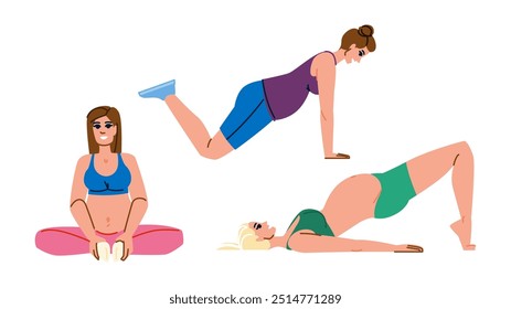 equilíbrio exercícios de aptidão grávida vetor. flexibilidade respiração, estabilidade de relaxamento, postura núcleo equilíbrio exercícios de aptidão grávida personagem. pessoas desenho animado plano ilustração