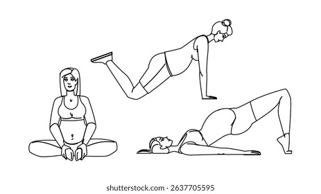 balance pregnant fitness exercises vector. flexibility breathing, relaxation stability, posture core balance pregnant fitness exercises character. people black line pencil drawing illustration