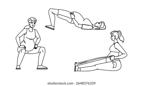 equilíbrio exercícios de aptidão grávida vetor. flexibilidade relaxamento, resistência estabilidade, postura núcleo equilíbrio exercícios de aptidão grávida caráter. pessoas linha preta lápis desenho ilustração