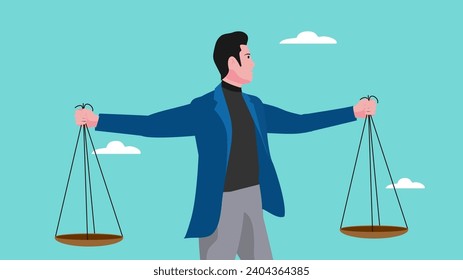 Balance of principles. businessman with briefcase carries scales in his hands, justice and honesty. Strong personality, mental attitudes. Entrepreneur and business ethics. Cartoon flat illustration