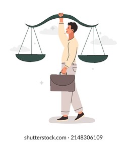 Equilibrio de principios. El hombre con cartera de documentos lleva escalas en sus manos, justicia y honestidad. Personalidad fuerte, actitudes mentales. Ética empresarial y empresarial. Dibujo vectorial plano de dibujos animados