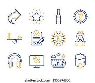 Balance, Rank star and Headhunter icons simple set. Monitor repair, Rfp and Beer signs. Info, Bus travel and Headphones symbols. Share, Hospital nurse and Drop counter. Line balance icon. Colorful set