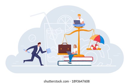 Balance scale between hard office work and rest on vacation. Business people or freelance worker with laptop and imbalance in favor of work, career growth and busy lifestyle vector illustration