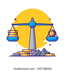 Balance Scale Bitcoins Vector Cartoon Illustration. Mining Bitcoin Icon Concept White Isolated. Flat Cartoon Style Suitable for Web Landing Page, Banner, Sticker, and Background