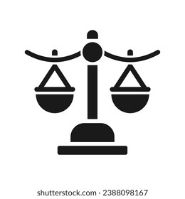 Balance scale black glyph icon. Sign of western zodiac system. Libra in astrology. Weighing device. Justice measure. Silhouette symbol on white space. Solid pictogram. Vector isolated illustration