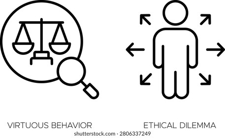 Balance scale with book and question mark representing ethical dilemma and virtuous behavior