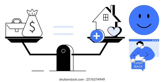 A balance scale with a briefcase and money bag on one side, and a house with a heart symbol on the other side. Ideal for financial planning, work-life balance, mental health, family values