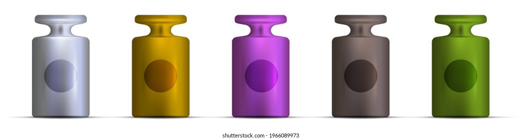 Balance scale calibration weights of different colors. 3D realistic vector illustration isolated on white background.