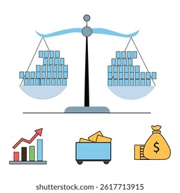 Balance Scale with Charts, Money and Growth Icons – Economic Equality Concept