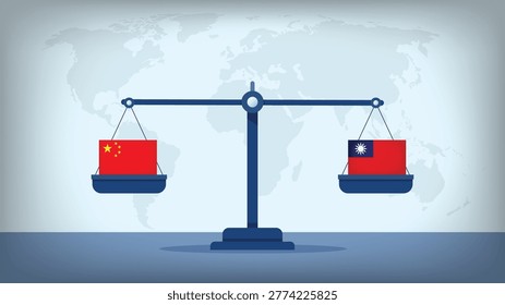Balance Scale with China vs Taiwan Flags , International Relations and Global Trade Concept Vector