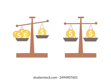 Balanza de balance con juego de monedas de dólar. Inversión empresarial, financiera, comparación de divisas, medición de dinero, éxito, banca, beneficio, concepto de riqueza. Ilustración de diseño aislado de Vector plano.