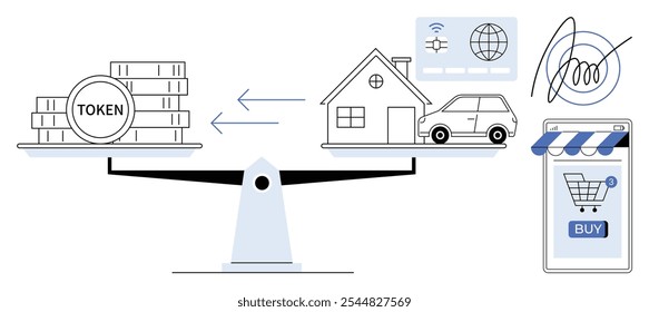 A balance scale compares digital tokens with physical assets like a house and car. Blue arrows indicate exchange. Ideal for cryptocurrency, digital economy, e-commerce, investment, and asset