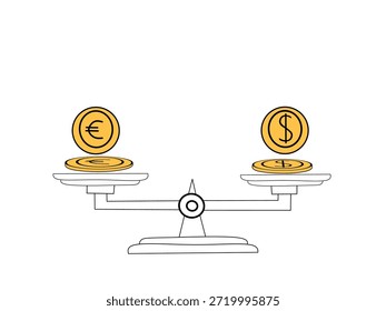 Balance scale comparing euro and dollar coins representing currency exchange and comparison