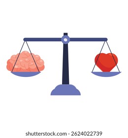 Balance scale comparing human heart and brain weighing logic versus feelings in search of emotional intelligence